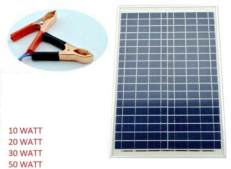 PANNELLO SOLARE FOTOVOLTAICO 10W 20W 30W 50W CELLE SILICIO COMPLETO PINZE BATTE - immagine 2